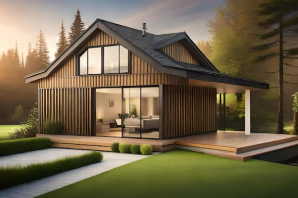 Villa Kayu Modern dengan Pintu Kaca Besar